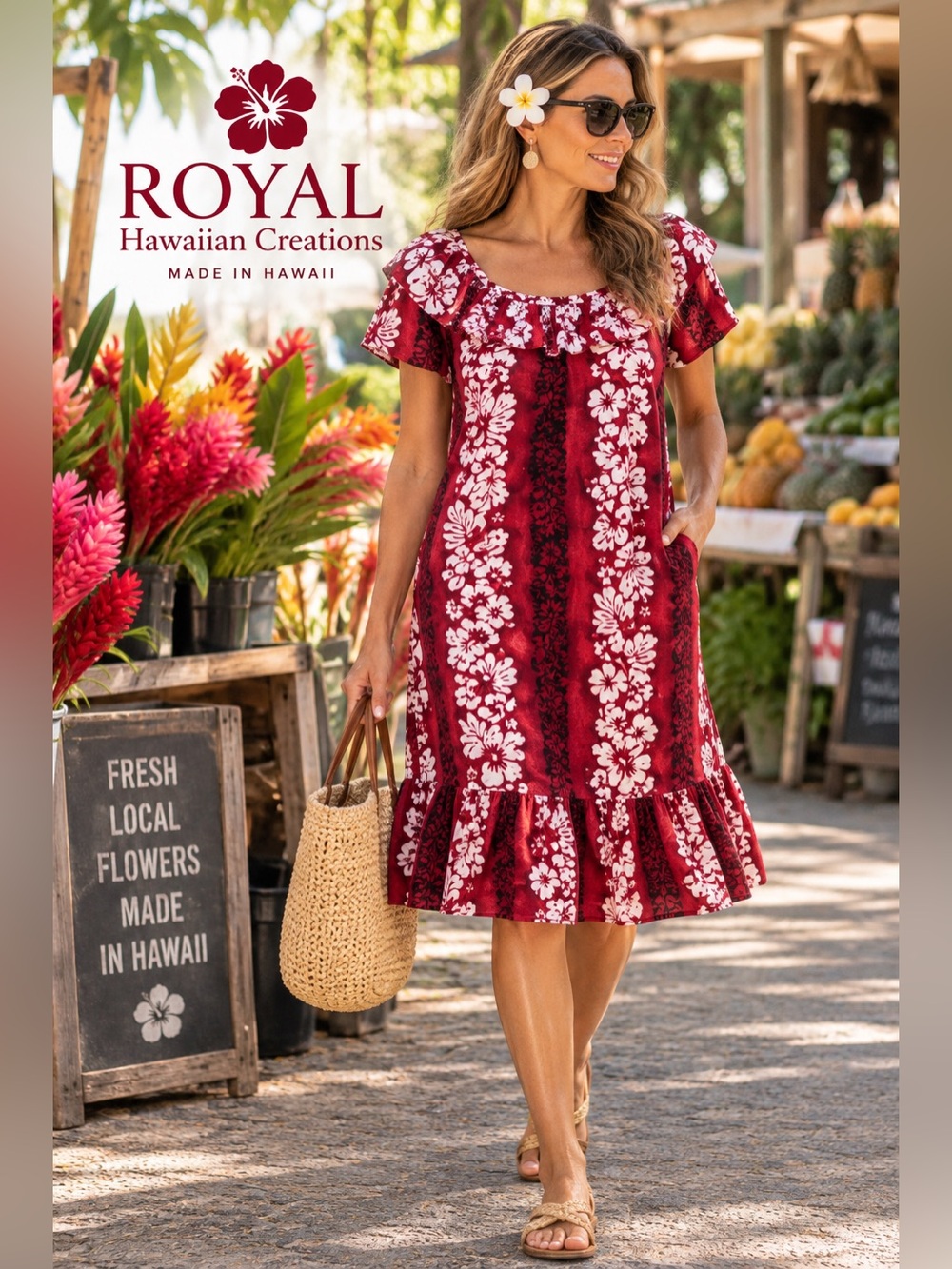 Royal Hawaiian Creations, Hibiscus
Ruffle Off Shoulder Muu Muu, Perfect, Medium